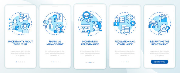Biggest challenges facing business blue onboarding mobile app screen. Walkthrough 5 steps graphic instructions pages with linear concepts. UI, UX, GUI template. Myriad Pro-Bold, Regular fonts used