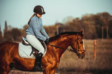 Foto op Canvas Young woman athlete rides a horse. Jumping training in the spring in the field. © sergo321