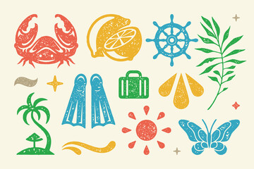 Summer symbols and objects set vector illustration. Cut lemon wedges and bright sun for pleasant stay