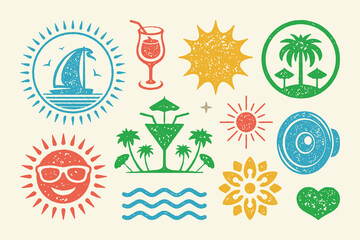 Summer symbols and objects set vector illustration. Tropical island with palm trees and sea waves - obrazy, fototapety, plakaty