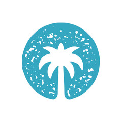 Monochrome blue palm tree circle silhouette hand drawn decorative design grunge texture vector