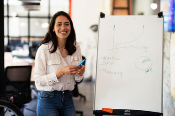 Businesswoman present her idea to working team. Young beautiful woman presenting businessplan.