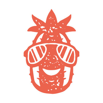 Minimalist simple logo red pineapple sunglasses smiling with positive emotion design grunge texture