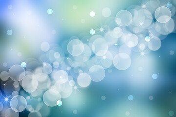 Abstract festive light blue silver green pastel bokeh background with colorful circles and stars. Beautiful texture.