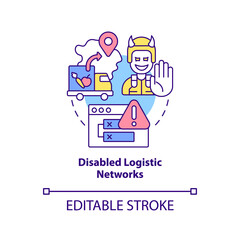Disabled logistic networks concept icon. Form of information warfare abstract idea thin line illustration. Isolated outline drawing. Editable stroke. Arial, Myriad Pro-Bold fonts used