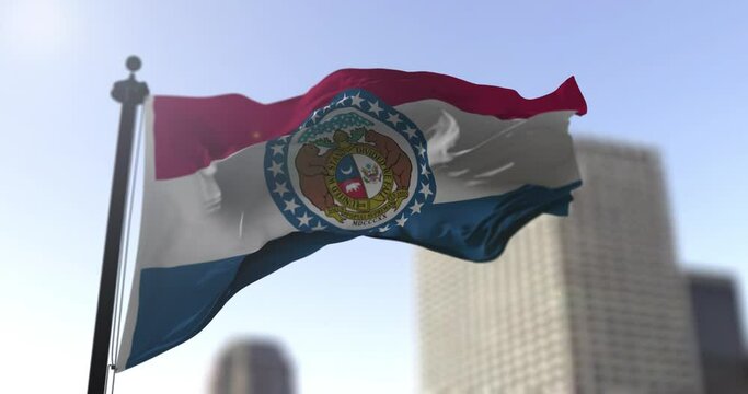 Missouri state waving flag on blurry background, USA state news illustration. Blurry background