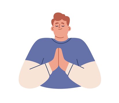 Happy grateful person with palms together. Thankful blissful man with closed eyes feeling gratitude, bliss, happiness, joy. Guy praying, thanking. Flat vector illustration isolated on white background