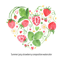 Juicy strawberry watercolor design heart comositions. Bright red berries green leaves, flowers. Summer botanical illustration. For packages, cards, logo. Summer sweet bright berries. Isolated on white