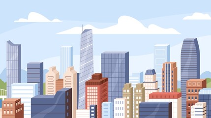 Fototapeta premium City business and residential buildings, high skyscrapers and sky with clouds at day time. Modern urban cityscape. Metropolis downtown. Financial district scenery, roof view. Flat vector illustration