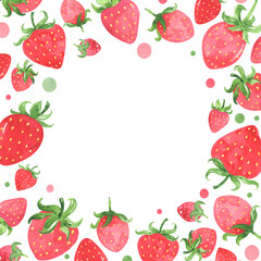 Juicy strawberry watercolor design square frame. Bright red berries cute strawberry. Summer botanical illustration. For packages, cards, logo. Summer sweet d bright and berries. Isolated on white
