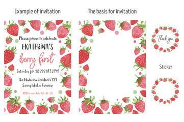 Juicy strawberry watercolor design invitation card layout.  Bright red berries cute strawberry. Summer botanical illustration. Summer sweet bright berries. Baby shower, birthday invitation card.