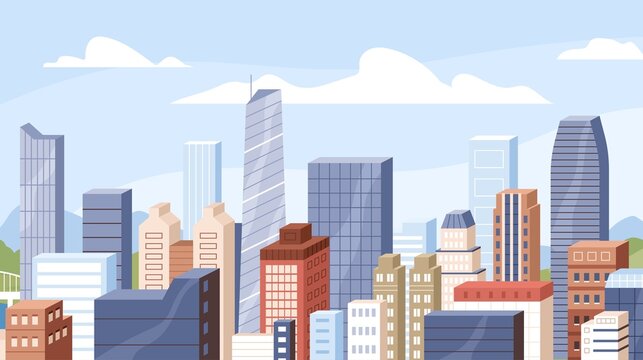 City business and residential buildings, high skyscrapers and sky with clouds at day time. Modern urban cityscape. Metropolis downtown. Financial district scenery, roof view. Flat vector illustration