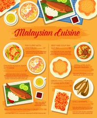 Malaysian cuisine restaurant menu page. Green chilli peppers stuffed with fish, Kuih Bakar Pandan and chilli shrimps, fish curry, ribs soup Bak Kut Teh and grilled fish with coconut, Soto Ayam soup