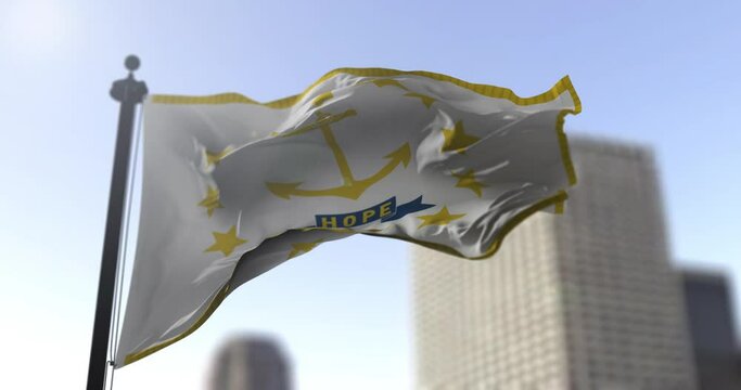 Rhode Island state waving flag on blurry background, USA state news illustration. Blurry background