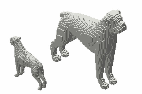Boxer Dog made from cubes. Voxel art. Futuristic concept. 3d Vector illustration. Isometric projection.