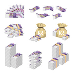 Czech Koruna Vector Illustration. Huge packs of Czech Republic money set bundle banknotes. Bundle with cash bills. Deposit, wealth, accumulation and inheritance. Falling money 1000 CZK