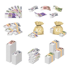 Czech Koruna Vector Illustration. Huge packs of Czech Republic money set bundle banknote. Bundle with cash bills. Deposit, wealth, accumulation and inheritance. Falling money 500, 1000, 2000, 5000 CZK