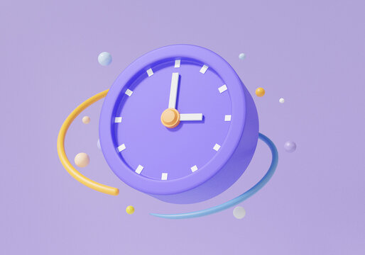 Purple clock icon analog telling time Pointer 3 o'clock floating on isolated pastel background. Minimal cartoon cute smooth creative concept. 3d render. illustration