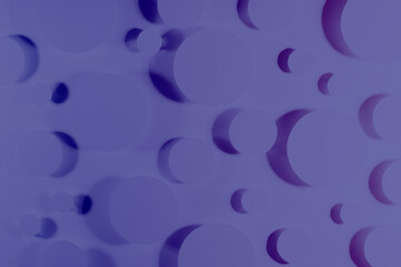 Gentle simple geometric background of circles in saturated very peri purple color with soft shadows, reflection, glare as chaos energy pattern, top view. Futuristic bright minimal backdrop.
