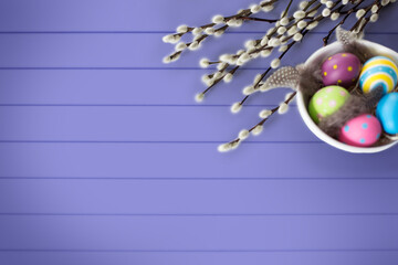 holidays and object concept - colored easter eggs with quail feathers in bowl and pussy willow branches over violet background