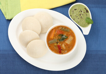 Steamed Idli with sambhar and chutney, South Indian breakfast