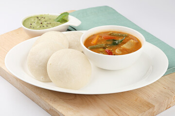 Steamed Idli with sambhar and chutney, South Indian breakfast