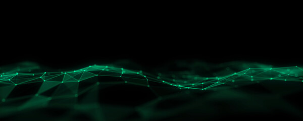 Abstract futuristic wave with moving dots and lines. Flow of particles. Cyber technology illustration. 3d rendering