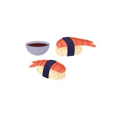 Ebi nigiri with soy sauce in bowl. Asian sushi with rice ball and shrimp, wrapped in nori strip. Japanese seafood. Traditional Japan sea food. Flat vector illustration isolated on white background