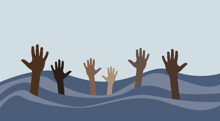 Hands of migrants emerging from the waves of the sea asking for help. Shipwreck at sea, illegal immigration. Vector illustration