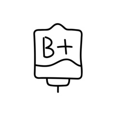 Blood bag with plasma. Doodle thin line icon. Blood donation. Blood type B+. Vector illustration.