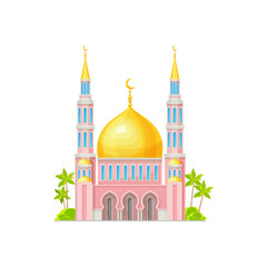 Islamic mosque building with golden dome and minarets. Arabic architecture, islam religion temple, isolated vector muslim mosque or palace exterior facade with crescent on towers spires