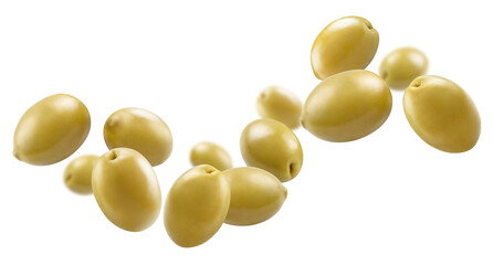 Flying green olives, isolated on white background