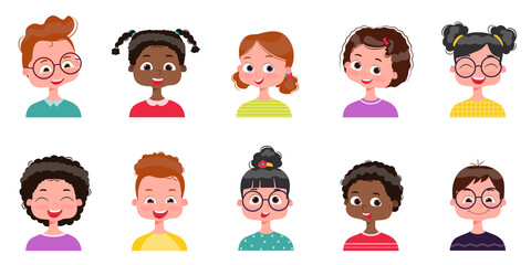 Set of children's faces. Child face expression little boys and girls cartoon avatars vector collection. Girl and boy avatar, young teenager female and male illustration