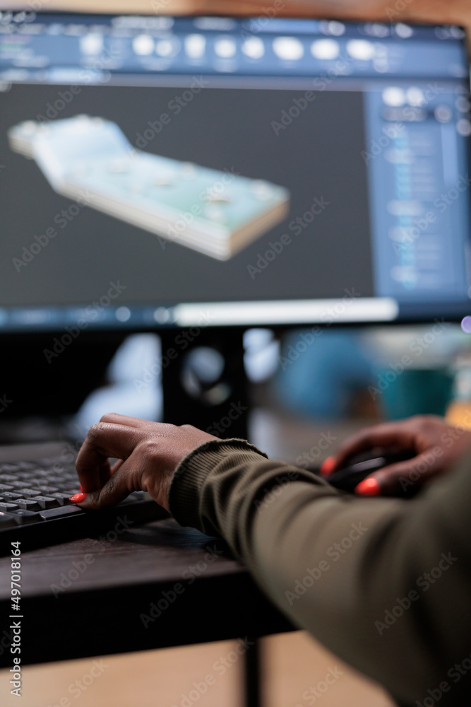 Poster close up of digital artist working on 3d model to improve geometry and optimise project. graphics in