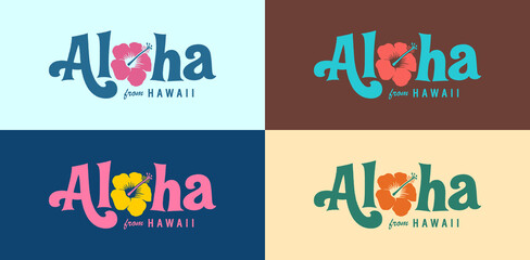 Vintage style Aloha From Hawaii logo set for t-shirts, sweaters and hoodies. Also useful for greeting cards, invitations and posters. Vector EPS10. - obrazy, fototapety, plakaty
