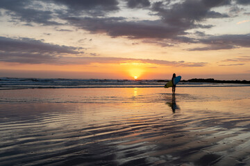Surfer girl silhouette. Surf woman walking with surfboard on the beach. Golden hour beautiful colors
