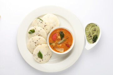 Rava Idly sambar or Idli with Sambhar and green, Popular South Indian breakfast