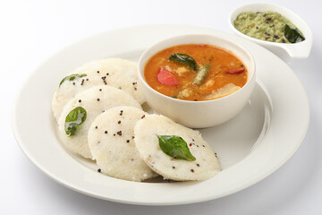 Rava Idly sambar or Idli with Sambhar and green, Popular South Indian breakfast