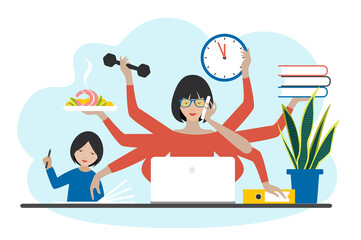 Multitask woman. Mother, businesswoman with child, working, coocking and calling. Flat vector. - 497018524