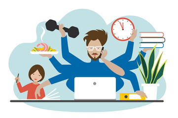 Busy multitasking man, father, dad, daddy, husband, businessman, worker. Young man with daughter, working, calling and doing exercise at the gym. Flat vector.