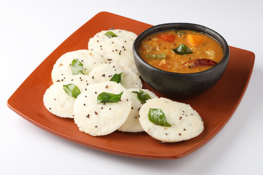 Rava Idly sambar or Idli with Sambhar and green, Popular South Indian breakfast