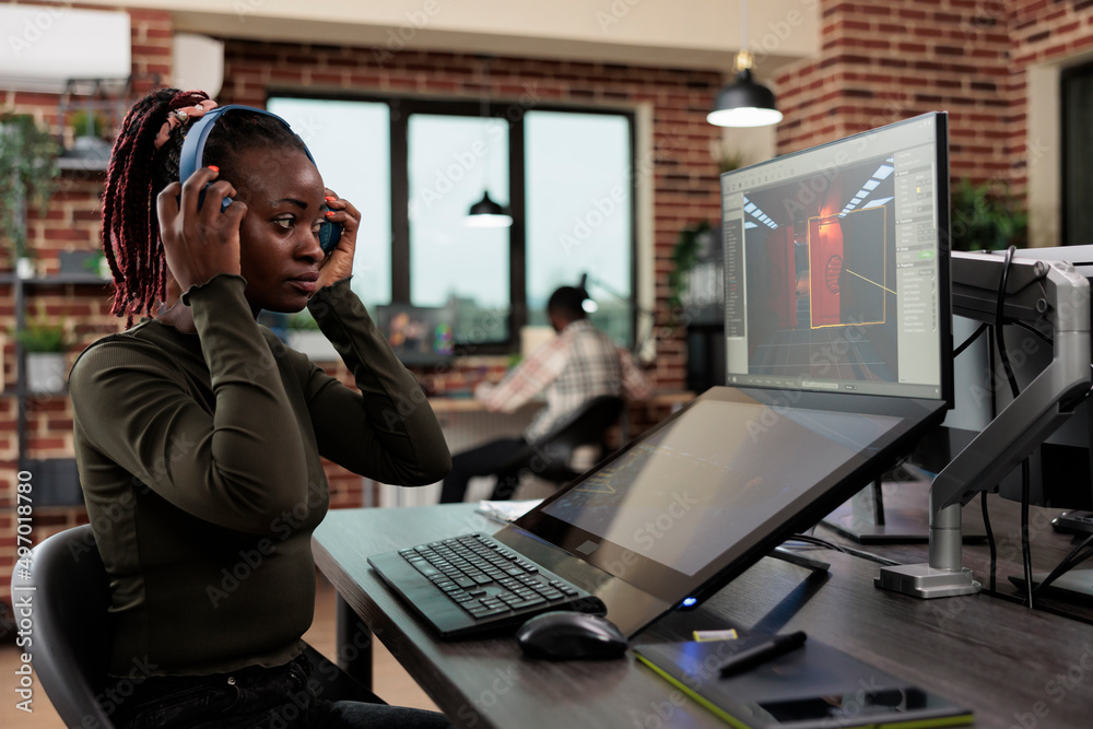 Poster creative game developer following cgi render on computer screen while analyzing engine capabilities.