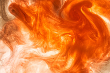 Orange white black smoke background, colorful fog, abstract swirling ink ocean sea, acrylic paint pigment underwater © amixstudio