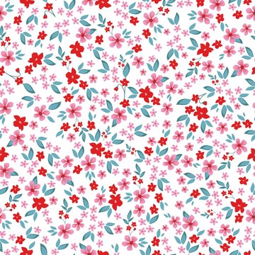 Seamless vintage pattern. pink and red flowers, blue leaves. white background. vector texture. fashionable print for textiles, wallpaper and packaging.