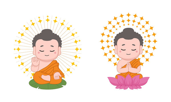 Cute little Buddha sitting in meditation pose. Flat vector cartoon design