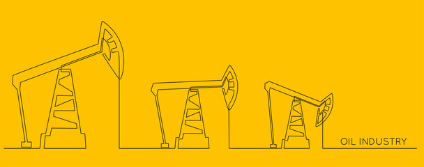 Oil pumps jacks of One continuous line drawing. Pump stations and derrick petroleum production and trade industry in simple linear style on yellow background. Editable stroke. Vector illustration