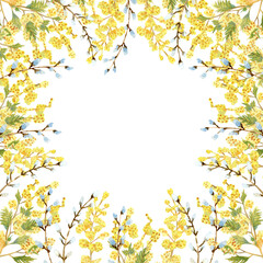 Easter watercolor square frame.  Boarder with mimosa and willow branches.