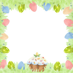 Easter watercolor square frame with eggs, Easter cake and spring grass.