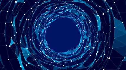 Technology wireframe circle tunnel on dark background. Futuristic 3D wormhole grid. Digital dynamic wave. Vector illustration. - obrazy, fototapety, plakaty