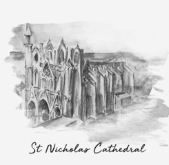 Vintage hand drawn st Nicolas cathedral. Watercolor illustration.